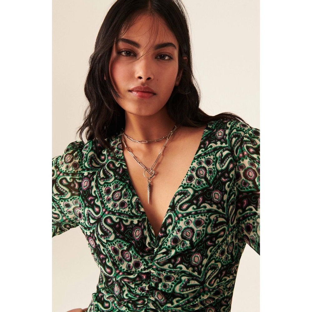 BA&SH Fanny Ruched Mini Dress in Vert Green Paisley‎ Print - Picture 4 of 10